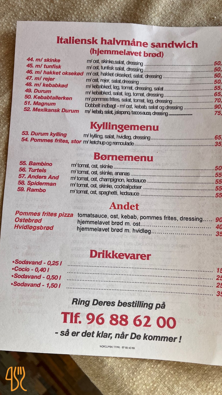 Bedsted Pizzarie Menu