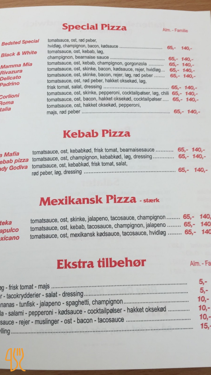 Bedsted Pizzarie Menu