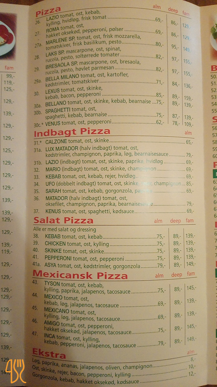 Skibby Pizza Og Grill Menu