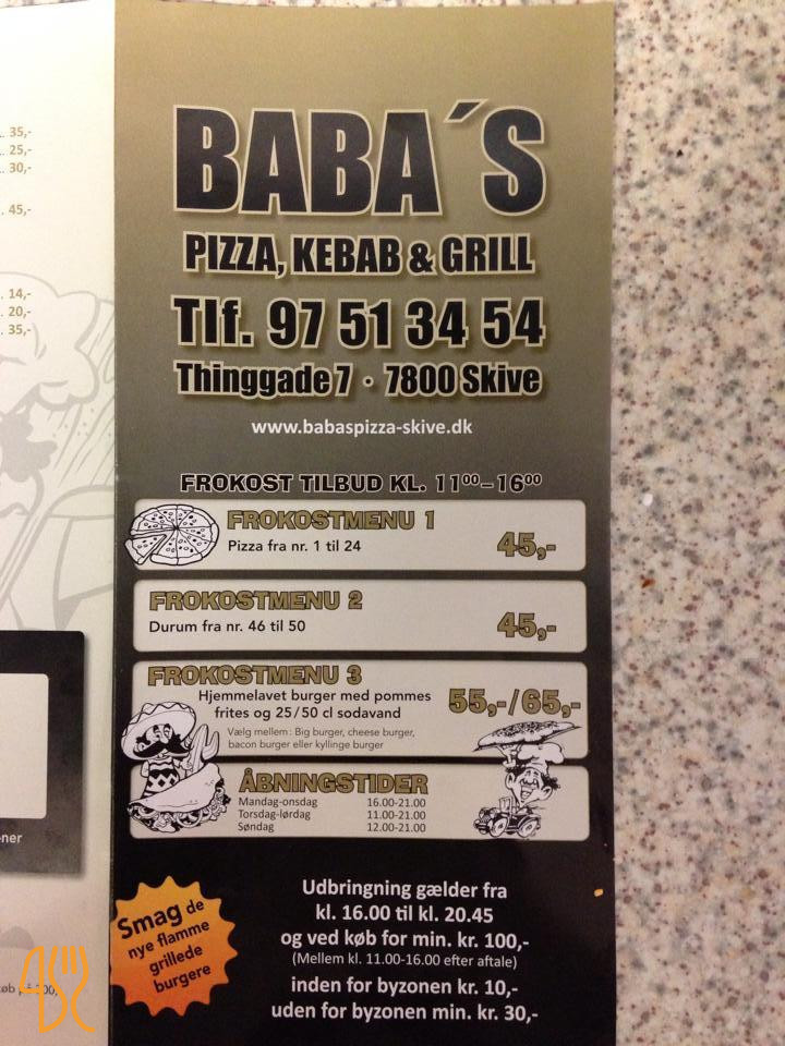 Baba's Pizzaria Menu
