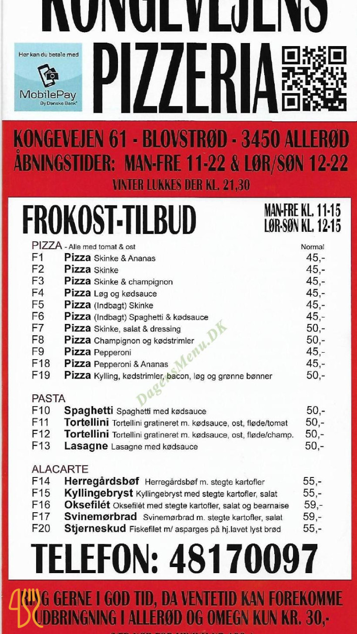 Kongevejens Pizzaria Menu