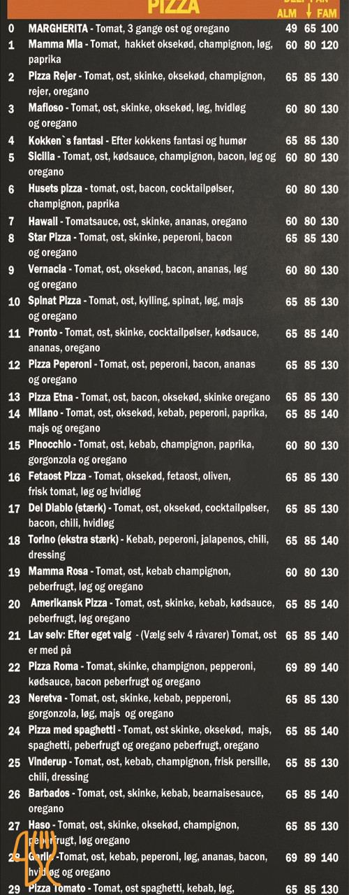 Vinderup Pizza Grill Menu