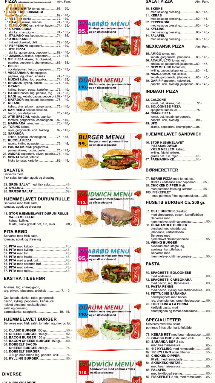 Saranda Pizzaria Menu