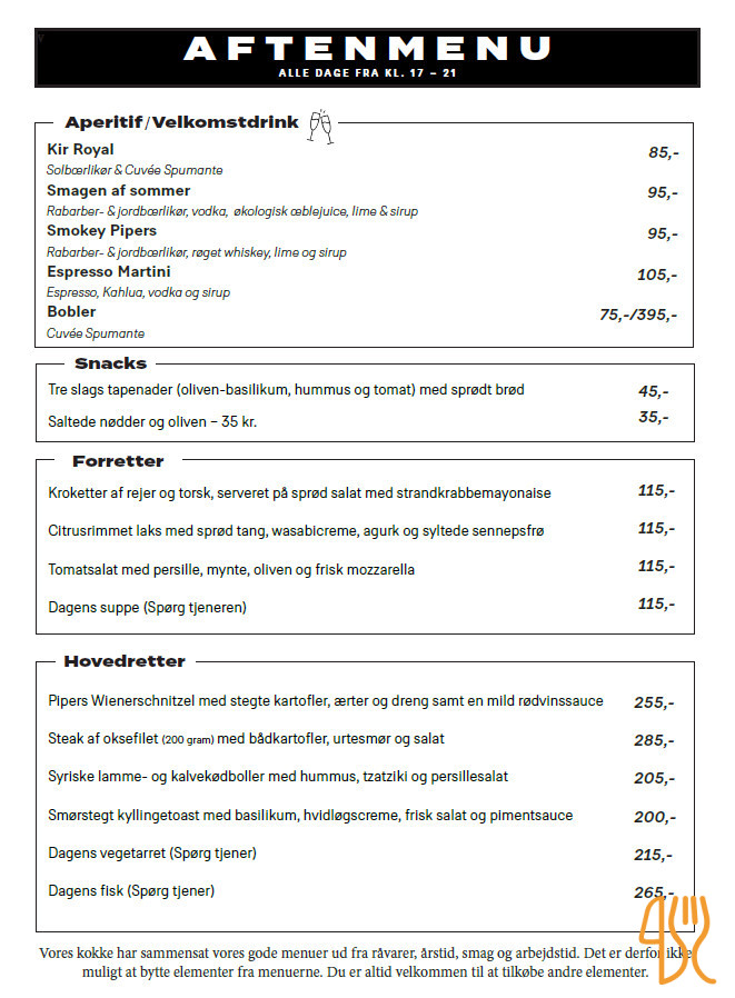 Pipers Hus Menu