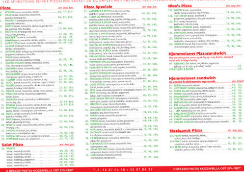 Bentzons Pizzaria Menu
