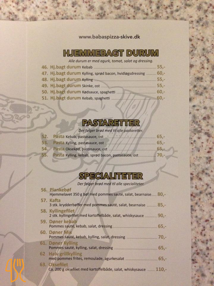Baba's Pizzaria Menu